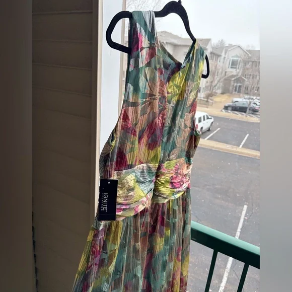 🆕 Ignite Evenings Metallic Floral Maxi Dress Size 16 Teal Gold Gown Pleated Prom - Picture 6 of 16